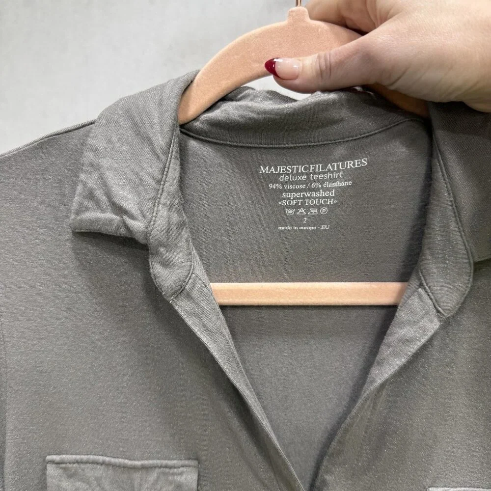 Majestic Filatures Shirt Womens 2 Gray Jersey Button Front Long Sleeve Top - Picture 2 of 8